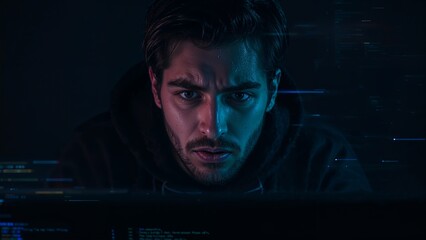 Man illuminated by screen light in dark room with concerned expression and coding on the monitor