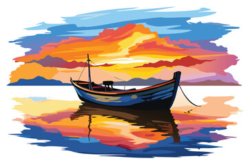Obraz premium Boat Moored at Sunset with Colorful Sky and Water Reflection Art