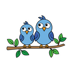 Obraz premium Cartoon Blue Birds Perched on Tree Branch With Green Leaves Illustration Design