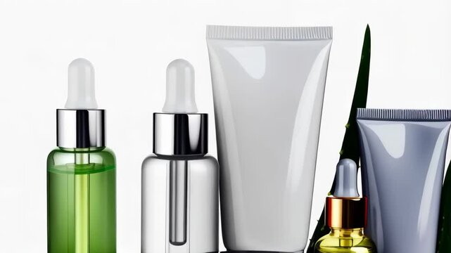Collection of unlabeled skincare products with dropper bottles, tubes, and aloe vera arranged against a pristine white backdrop.