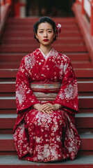 Young woman in red floral kimono kneeling on temple steps