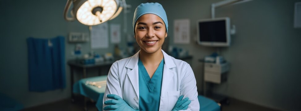 Confident Female Surgeon in Operating Room: Healthcare, Medical, and Wellness Stock Photo