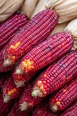 Vibrant red corn cobs stacked together, showcasing rich colors and textures, with husks partially visible, representing agricultural harvest and natural produce