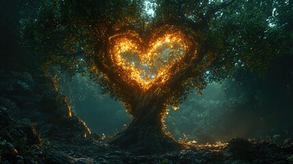Obraz premium Heart-shaped glow emanating from a magnificent tree in a mystical forest.