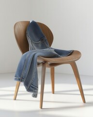 A stylish wooden chair with blue jeans draped over it, illuminated by soft natural light