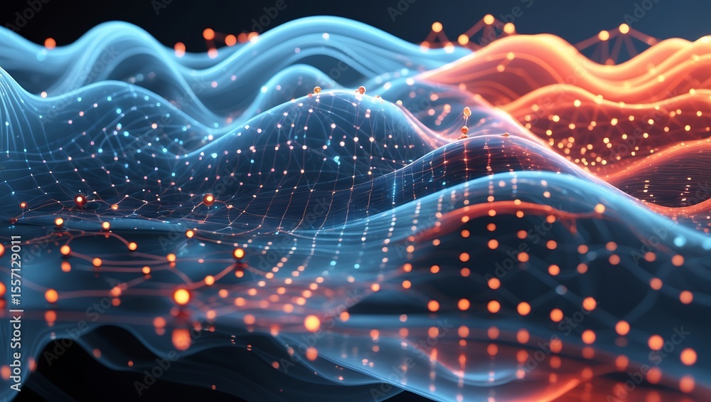 Aufkleber abstract data visualization blue and orange wavy lines with connected dots