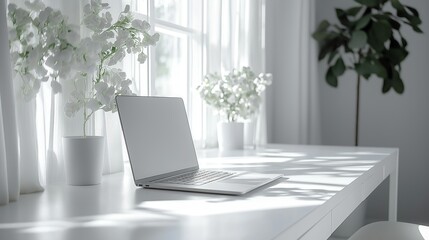 This serene workspace scene features a sleek laptop on a white desk, bathed in soft sunlight streaming through sheer curtains. Flanking the laptop are white - potted flowering plants