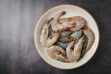 Shrimp, Fresh shrimp in ceramic plate ,Fresh prawn raw seafood in a plate,top view food table