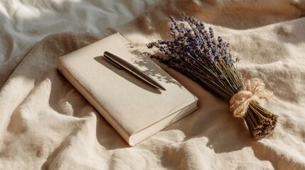 Minimal journal notebook with pen and lavender bundle on soft beige fabric in natural light perfect for journaling visuals, self-care themes and mindful lifestyle content