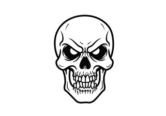 Angry skull drawing. It is a black and white outline image of a grim cranium with furrowed brows and bared teeth, conveying intense rage. Vector sketch line art draw.
