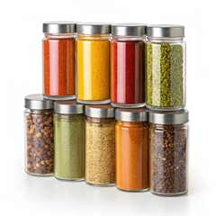Assortment of colorful spices in clear glass jars with silver lids