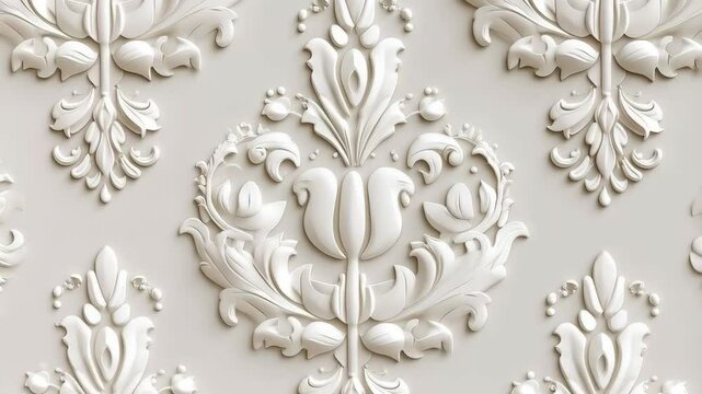 Ornate white floral damask pattern, repeating embossed design on off-white surface, symmetrical flourishes, elegant ornament background - Powered by Adobe