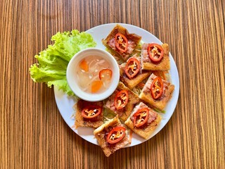Deep fried minced pork toast, selective focus, top view