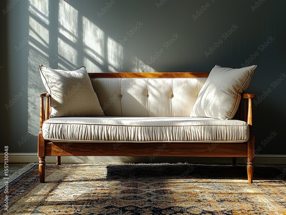 Poster sunlit settee with two pillows on a rug against a dark gray wall with window shadow patterns