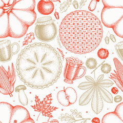 Hand Drawn Vector Autumn Seamless Pattern. Not AI Generated. Thanksgiving Background. Fall Season Cozy Mood Illustration. Vintage Design Wallpaper.