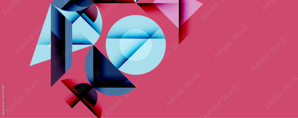 Poster abstract geometric composition. blue shapes overlap, creating dynamic visual interest against vibran