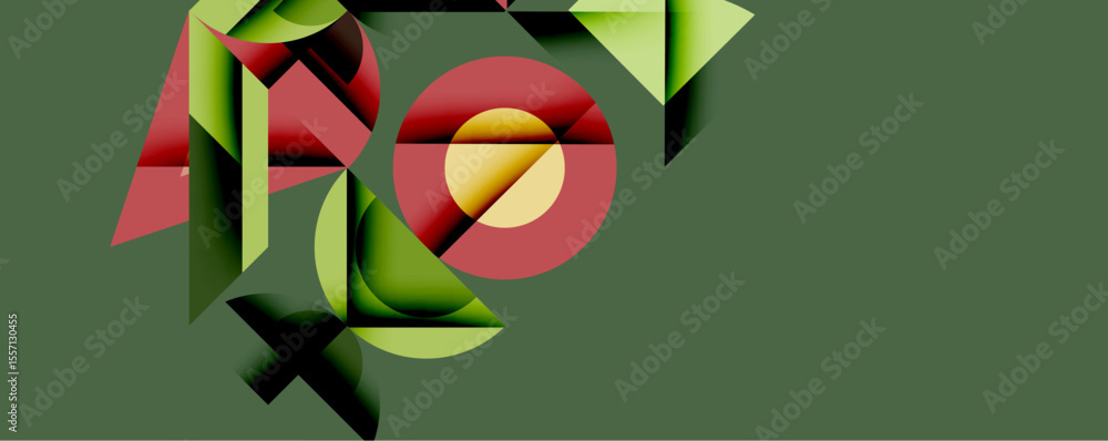 Aufkleber Abstract geometric composition. Overlapping shapescircles, triangles, rectanglescreate dynamic visual interest. Colors include green, red, yellow, black. Minimalist design with flat planes.