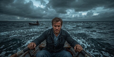 Fototapeta premium Man in a small boat on a choppy sea under a stormy sky with another boat in the distance visible