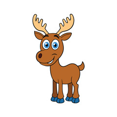 Cartoon Moose Illustration Smiling Animal Character with Antlers, Blue Hooves on a White Background