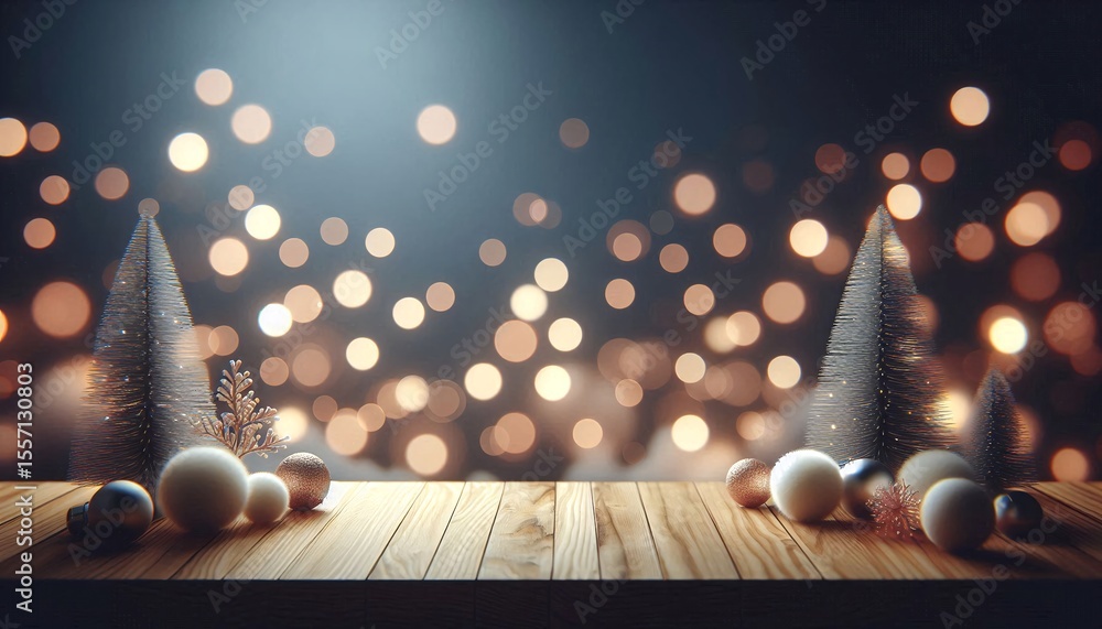 Poster Minimalist scene of Wooden Table Top with Bokeh Lights Background for Product Display and Presentation