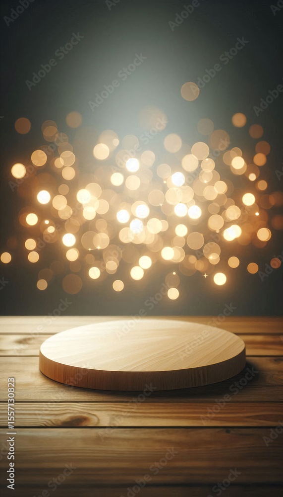 Aufkleber Minimalist scene of Wooden Table Top with Bokeh Lights Background for Product Display and Presentation