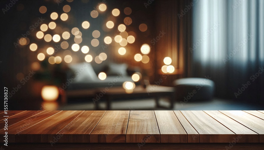 Aufkleber Minimalist scene of Wooden Table Top with Bokeh Lights Background for Product Display and Presentation