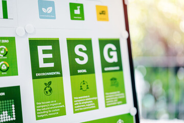 ESG Environmental Social Governance Displayed Showing Corporate Sustainability Strategy and Green...