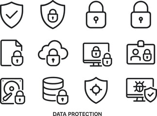 Data Security and Privacy Icons Set Depicting Protection Elements in a Clean Line Art Style