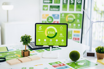Comprehensive ESG Framework Displayed on Tablet Driving Sustainable Business Growth and...