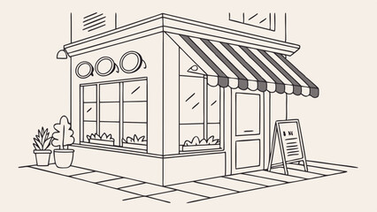Corner Shop Sketch: Striped Awning, Potted Plants, Menu Board.