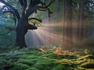 Ancient mossy tree sunbeams forest ancient tree light rays