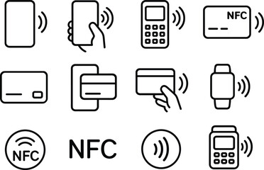 NFC Contactless Payment Icons Set Outline Style on Transparent Background for Digital Transactions