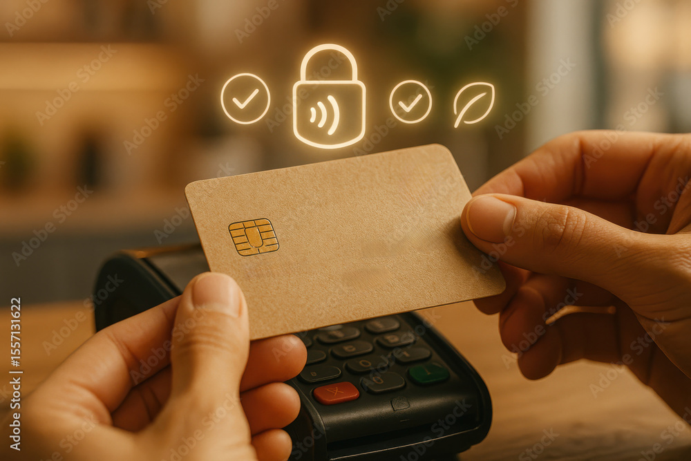 Poster hands holding a credit card over a pos terminal with security icons above it