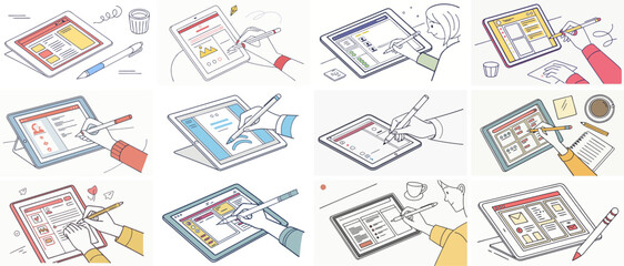 Digital illustrations of hands using tablets for creative design tasks  