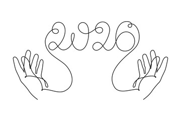  2026 and hand one line art, hand drawn continuous contour. Holiday concept year of the horse, festive New year handwriting text, minimalist design. Editable stroke. Isolated. Vector illustration