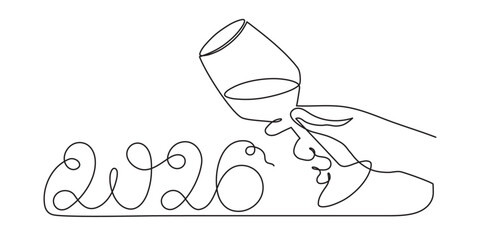 Hand holds wine clinking glass celebrating 2026 new year, one line art, continuous drawing contour. Cheers toast, festive hand-drawn holiday decoration, simple minimalist design. Editable stroke