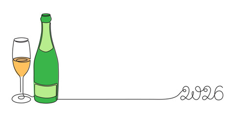 Bottle of champagne sparkling wine and glass celebrating 2026 new year, one line art, continuous drawing contour. Cheers toast, festive hand-drawn holiday decoration, Editable stroke. Isolated.