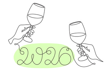 Hand holds wine clinking glass celebrating 2026 new year, one line art, continuous drawing contour. Cheers toast, festive hand-drawn holiday decoration, simple minimalist design. Editable stroke