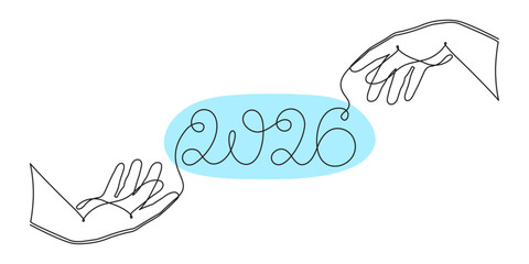  2026 and hand one line art, hand drawn continuous contour. Holiday concept year of the horse, festive New year handwriting text, minimalist design. Editable stroke. Isolated. Vector illustration