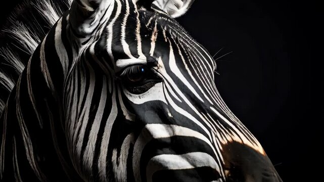 Striking zebra portrait featuring bold black and white stripes, highlighting its unique fur pattern and captivating eye contact in a dramatic light