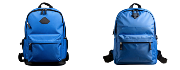 Small Blue Backpack Unzipped Showing Interior Pockets on Charcoal Background