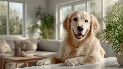 Friendly golden retriever in cozy home