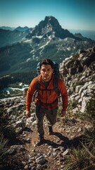 Obraz premium A man with a backpack hiking up a rocky mountain trail on a sunny day with a mountain in the background