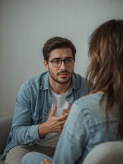 Fototapeta premium Man with glasses and denim shirt talking to a woman in a counseling or therapy session indoors