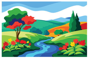 Colorful Cartoon Landscape Flowing River, Green Hills, Red and Yellow Flowers, Blue Sky