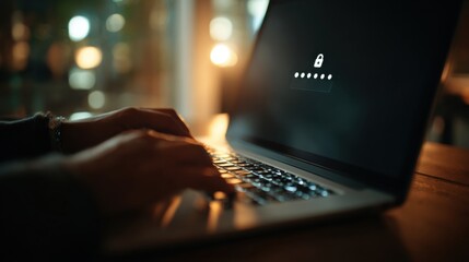 Close-up of hands typing password on laptop screen with glowing padlock symbol in dark interior light — concept of cybersecurity, digital access and internet privacy protection