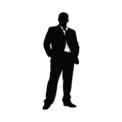 Bold silhouette of a confident man in a suit, ideal for business logos, posters, or illustrations. This minimalist vector art conveys professionalism and strength