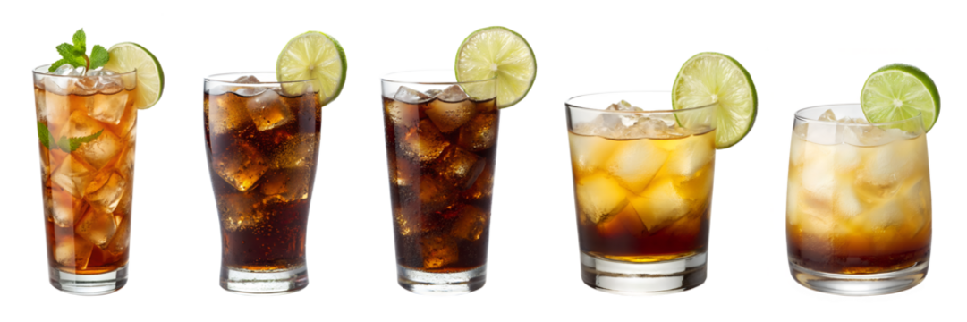 A collection of five refreshing dark drinks with ice and lime slices in glasses, presented in a row. This is an isolated transparent PNG.
