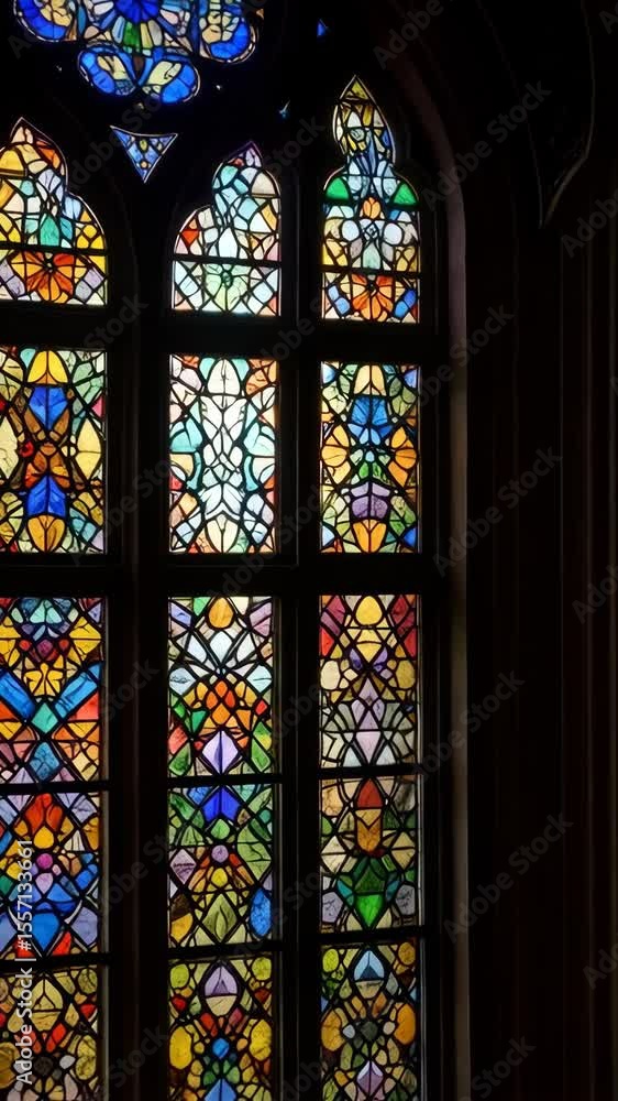 Poster stained glass window composed of colorful geometric patterns and shapes in an arched window frame