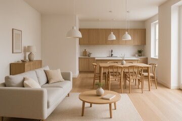 Fototapeta premium Living space interior with combined lounge, kitchen, and dining zone